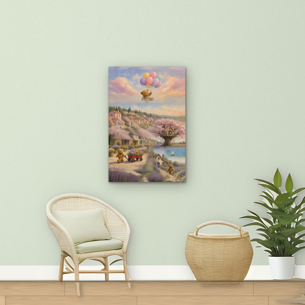 Teddy Town Wonderland 24x36 canvas shown to scale in a soft green nursery