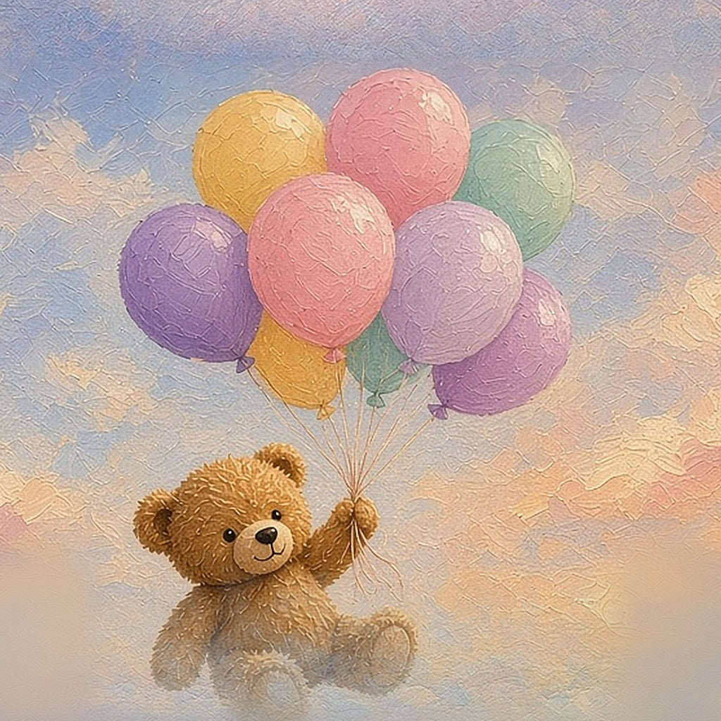 Detail of Teddy Town Wonderland: a teddy bear floating with pastel balloons