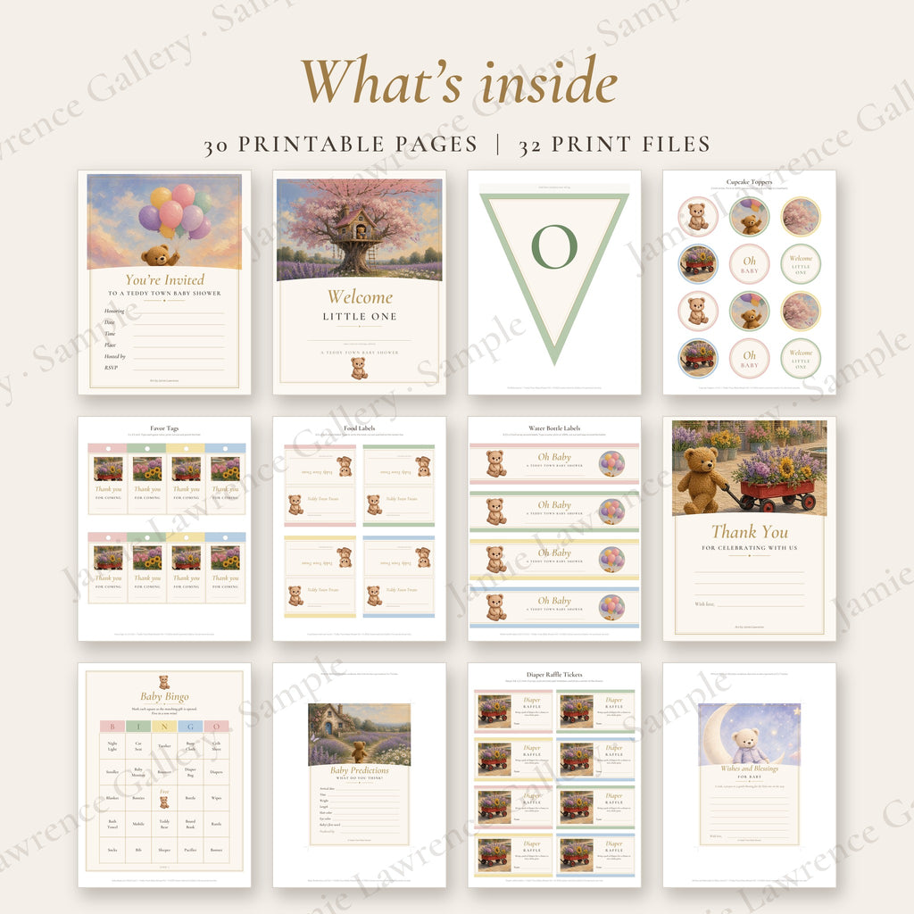 What's inside the Teddy Town Baby Shower Kit: 12 of the printable pieces