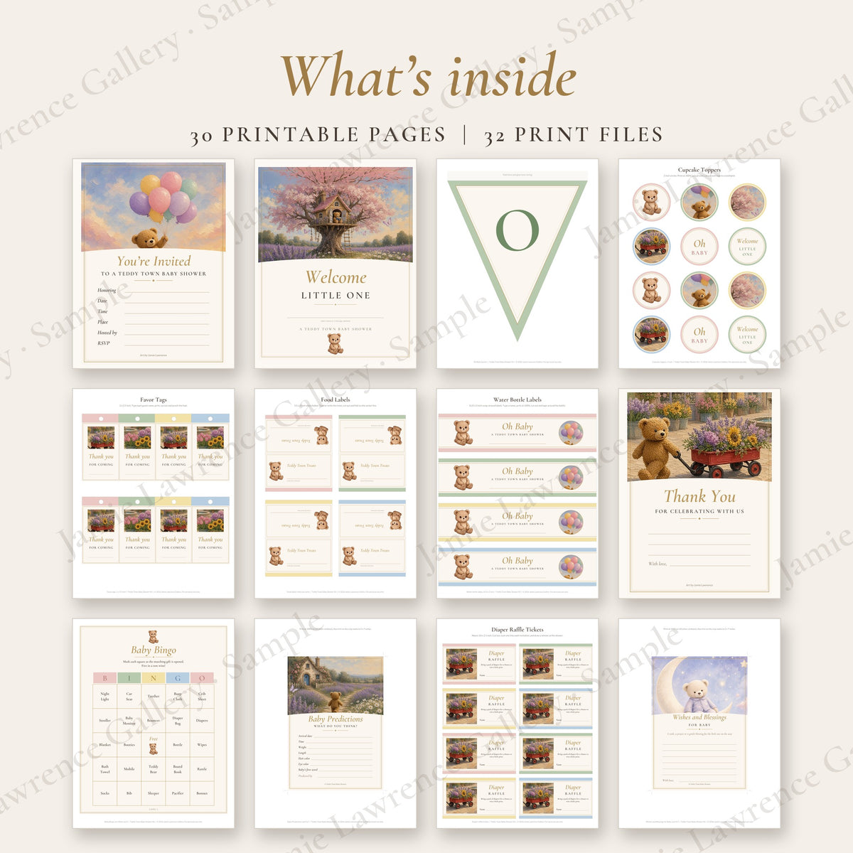 What's inside the Teddy Town Baby Shower Kit: 12 of the printable pieces
