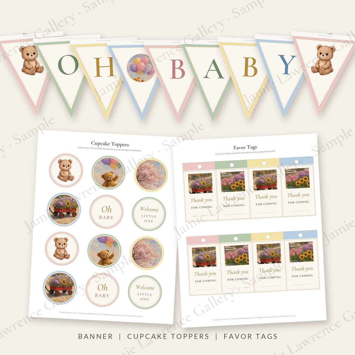 Oh Baby pennant banner with Teddy pennants, cupcake toppers and favor tags from the Teddy Town Baby Shower Kit