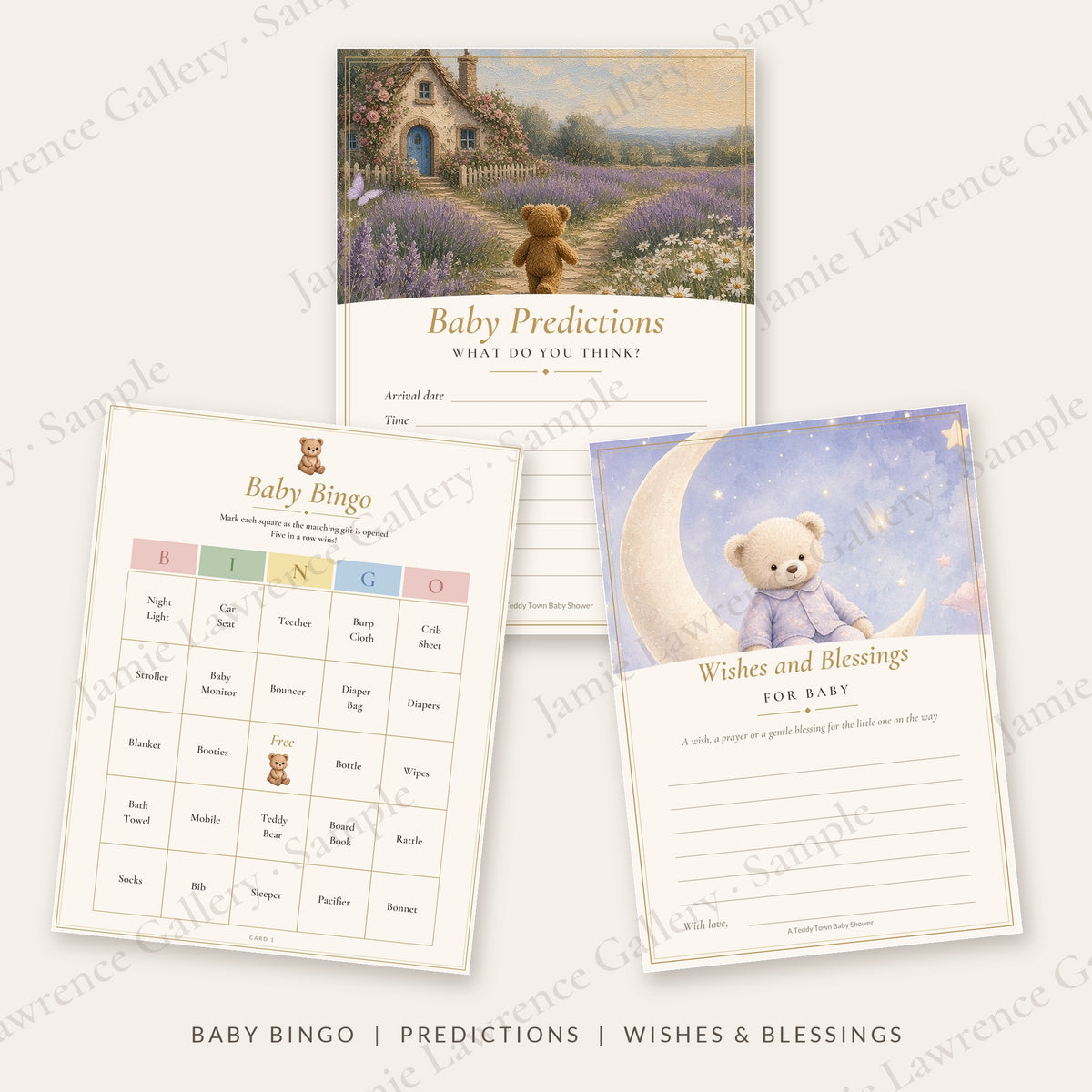 Baby Bingo card, Baby Predictions card and Wishes and Blessings card with Teddy on a crescent moon