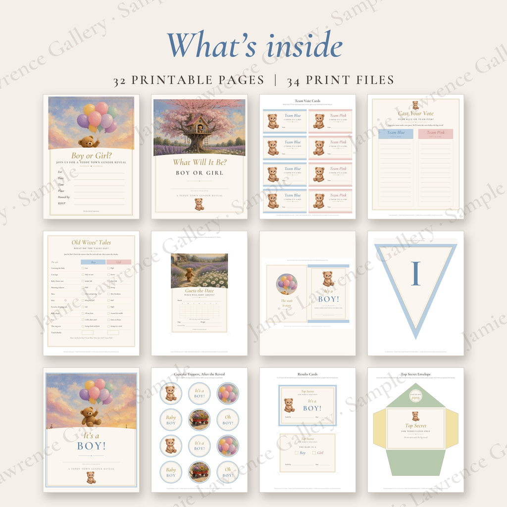 What's inside the It's a Boy edition of the Teddy Town Gender Reveal Kit: 12 of the printable pieces