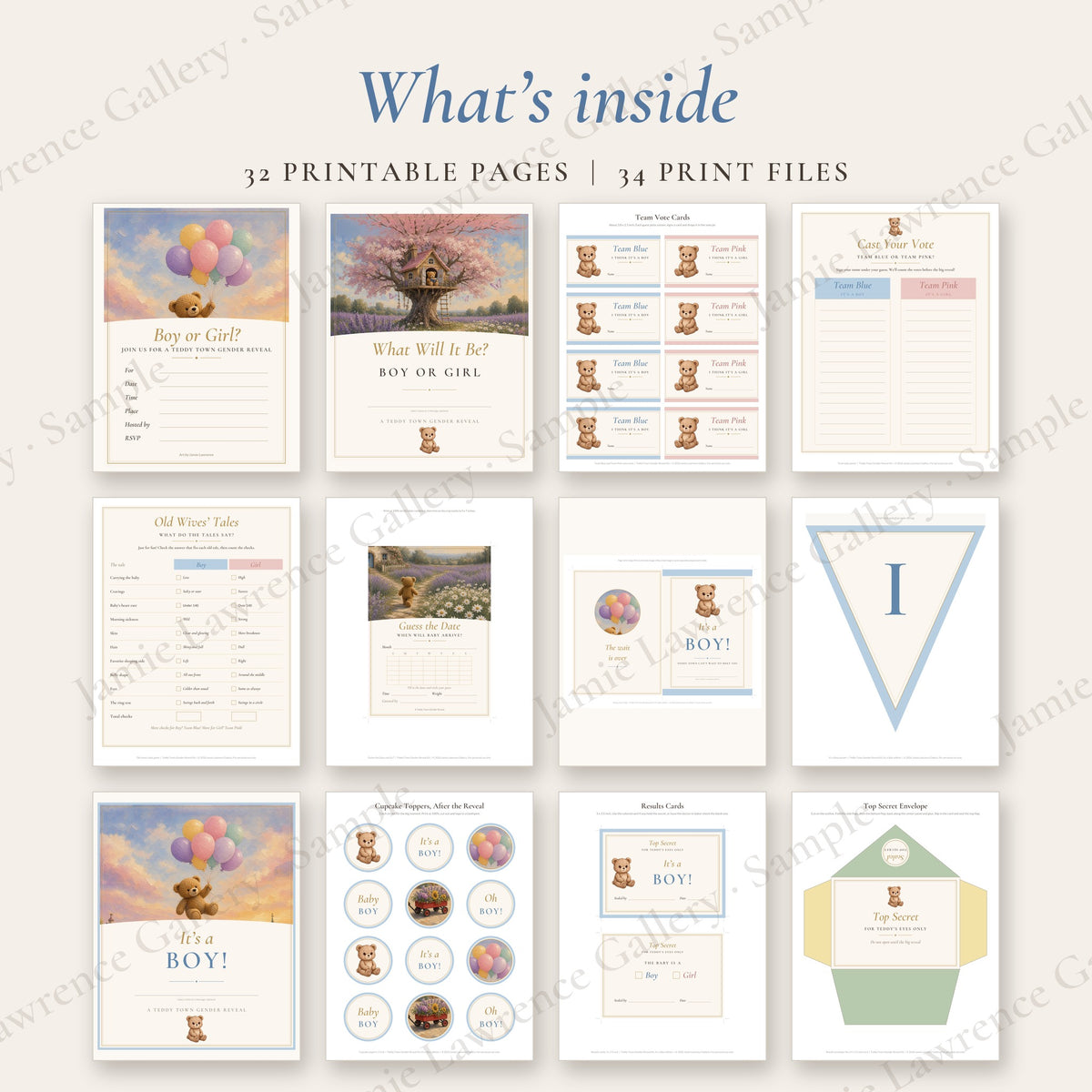 What's inside the It's a Boy edition of the Teddy Town Gender Reveal Kit: 12 of the printable pieces