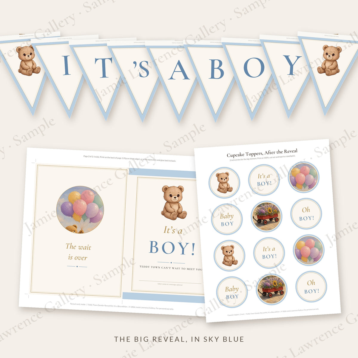 IT'S A BOY pennant banner with Teddy pennants, the fold-open reveal card and It's a Boy! cupcake toppers in sky blue