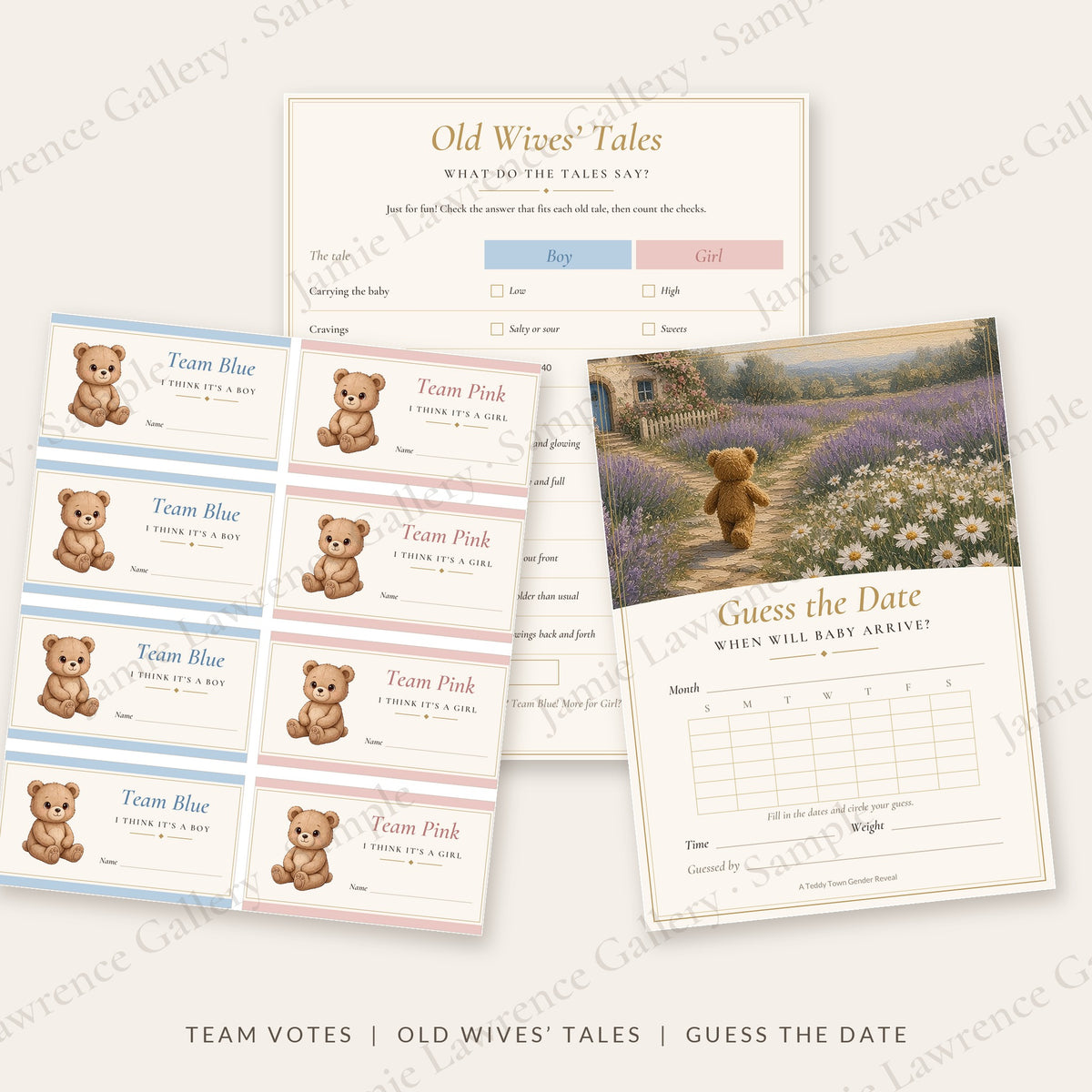 Team Blue and Team Pink vote cards, the old wives' tales game and the Guess the Date card