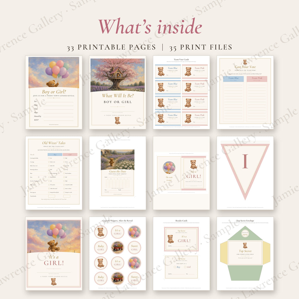 What's inside the It's a Girl edition of the Teddy Town Gender Reveal Kit: 12 of the printable pieces