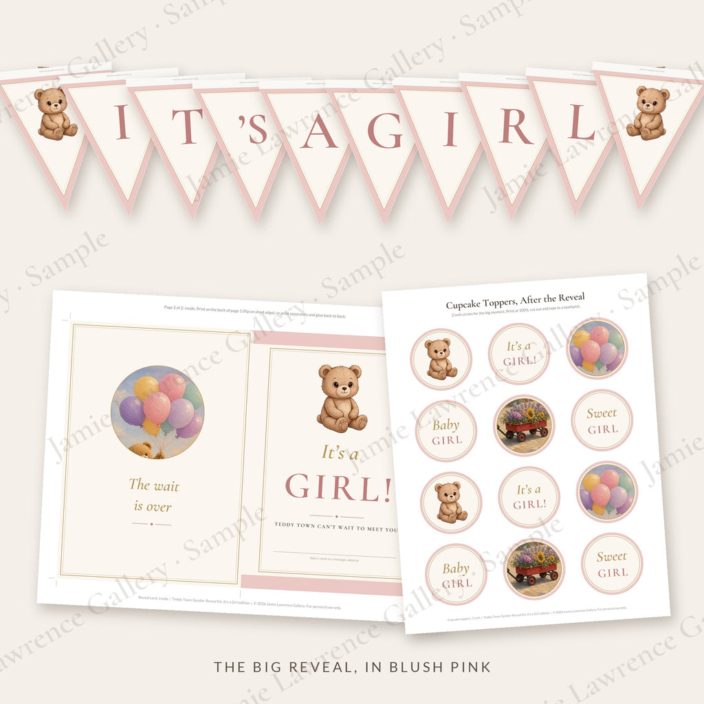 IT'S A GIRL pennant banner with Teddy pennants, the fold-open reveal card and It's a Girl! cupcake toppers in blush pink