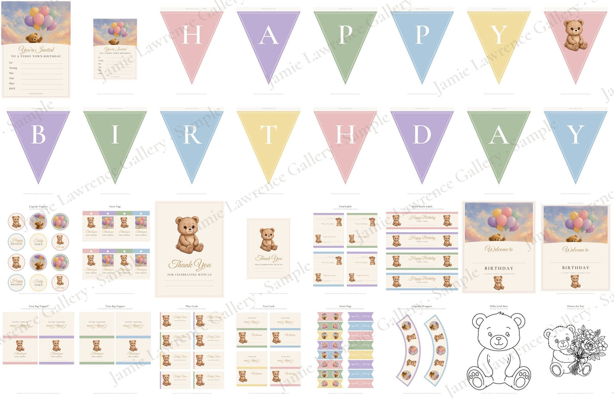 Teddy Town Printable Party Kit, all pieces
