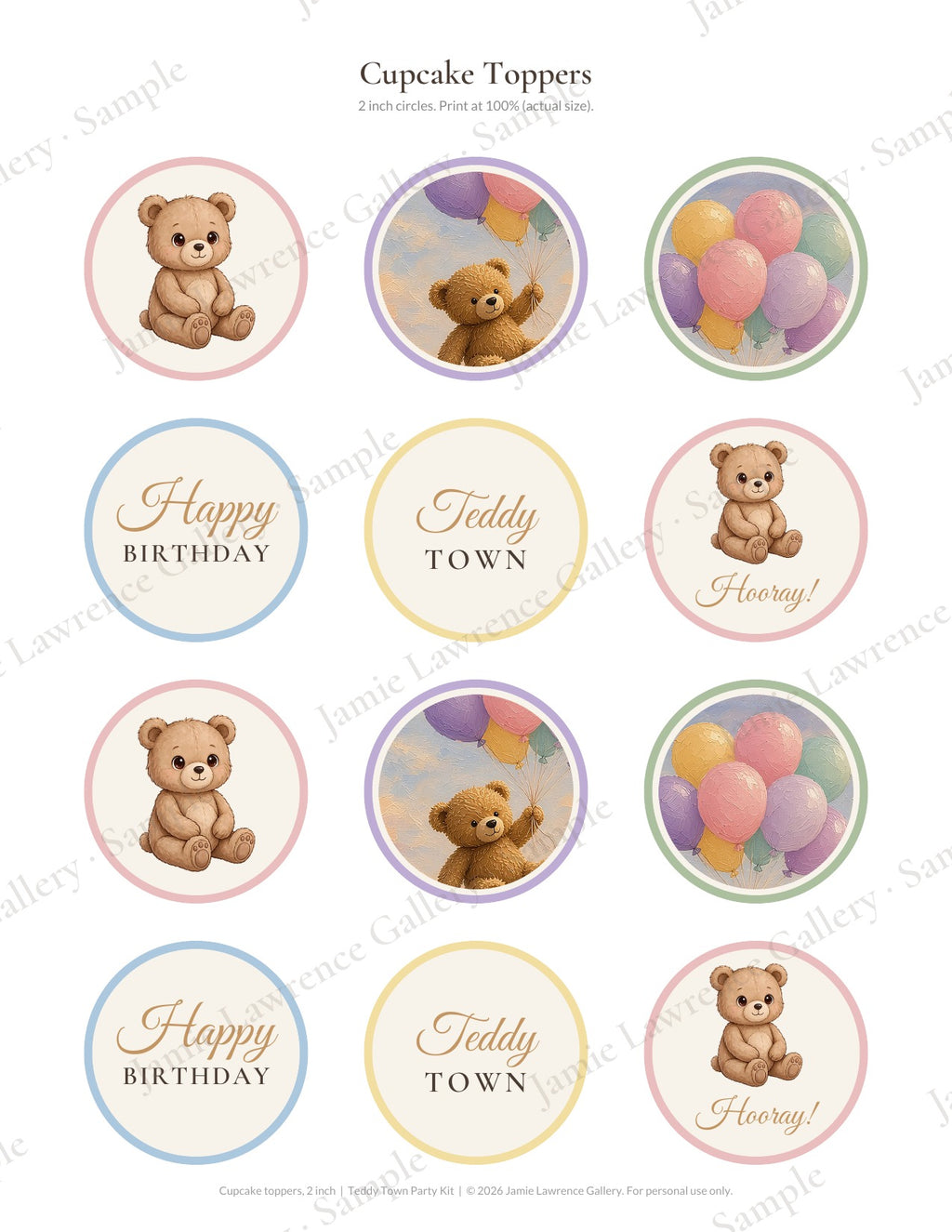 Teddy Town printable party kit: 2 inch cupcake toppers