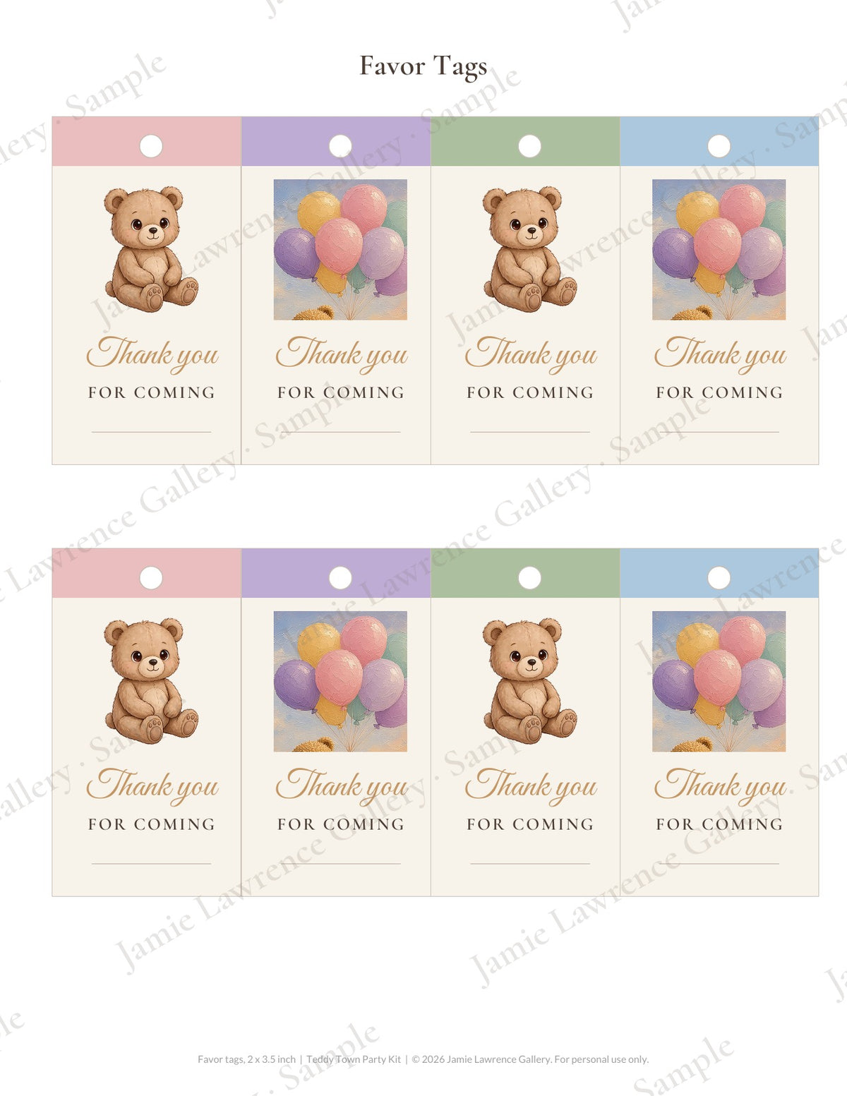 Teddy Town printable party kit: favor tags