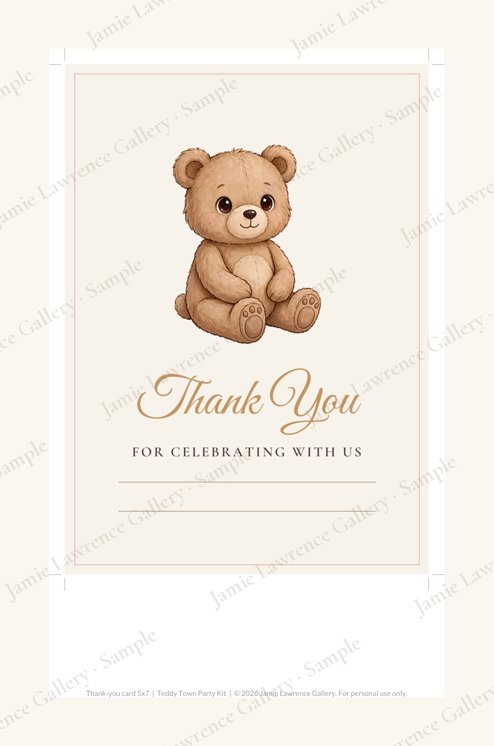Teddy Town printable party kit: thank-you card