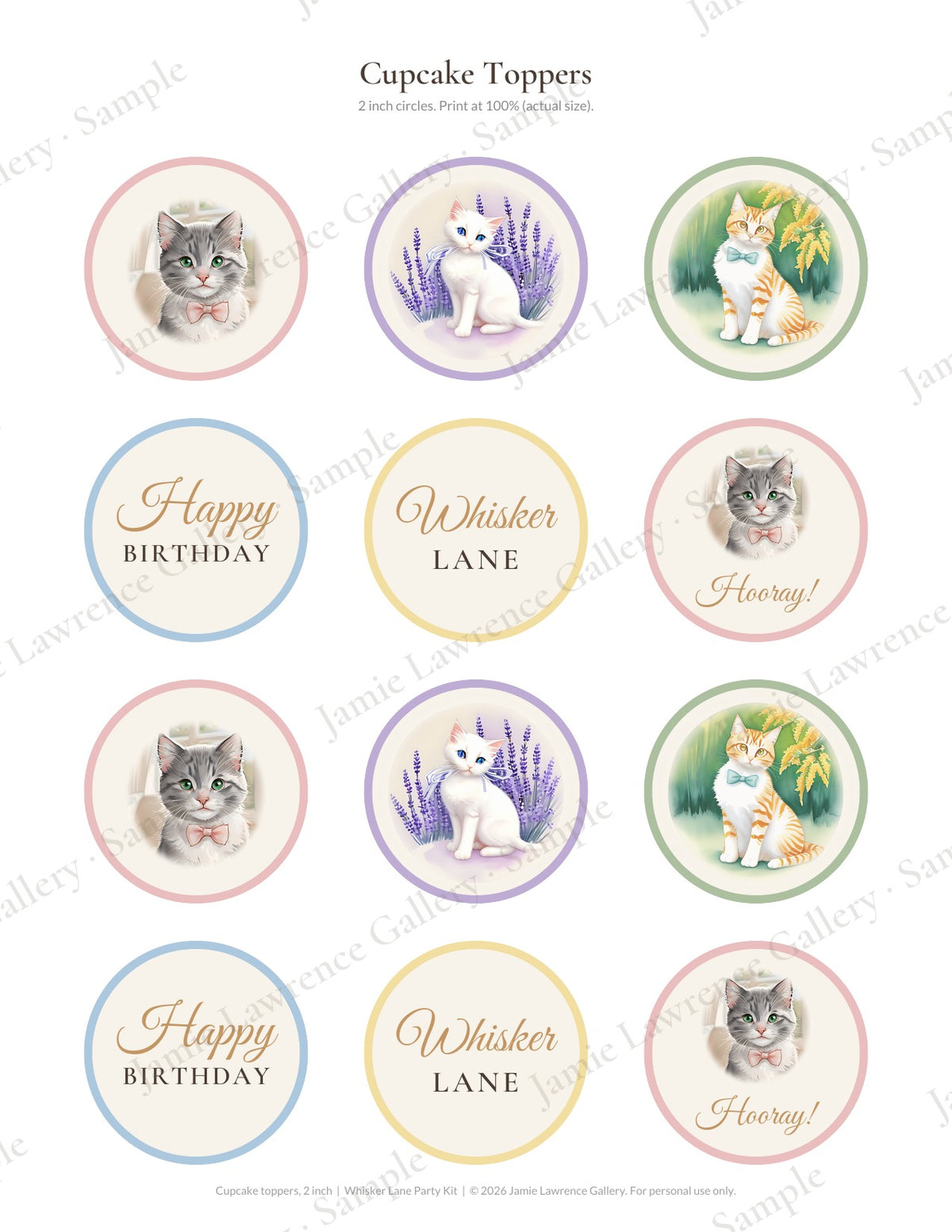 Whisker Lane printable party kit: 2 inch cupcake toppers