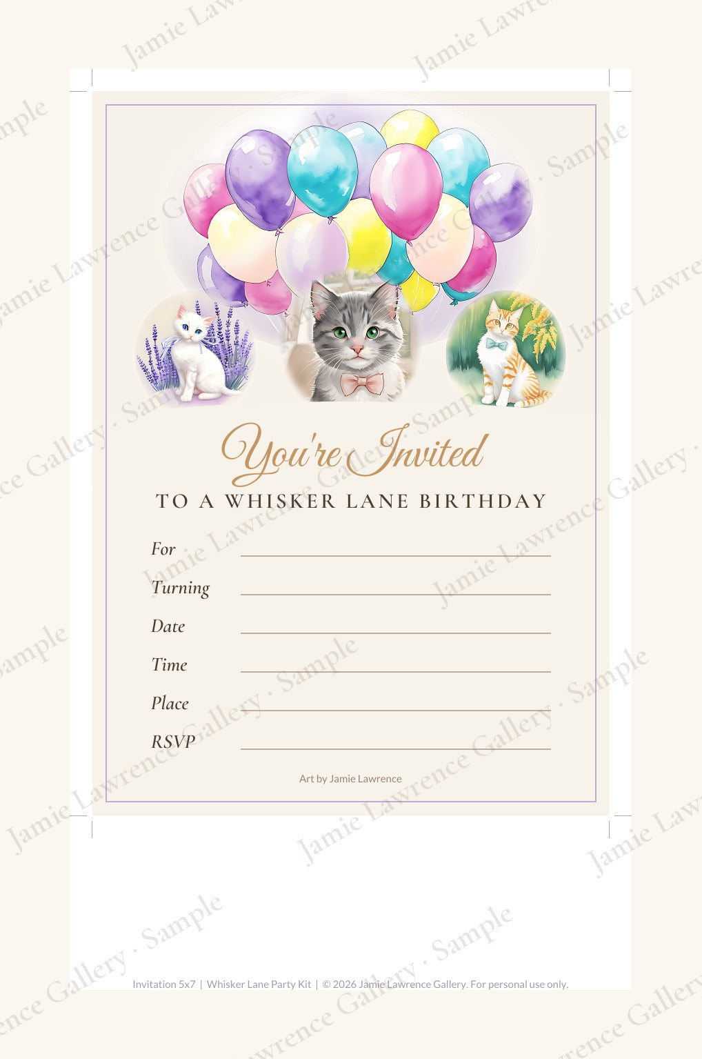 Whisker Lane printable party kit: birthday invitation with Apollo and balloons