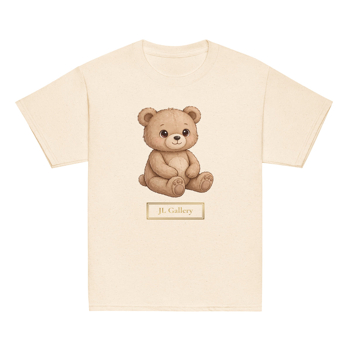 Signature Teddy Kids Tee with JL Gallery Mark laid flat with gold JL Gallery mark